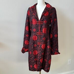 Vintage Womens Chinese Floral Embroidered Brocade  Red Black Duster Coat S Asian